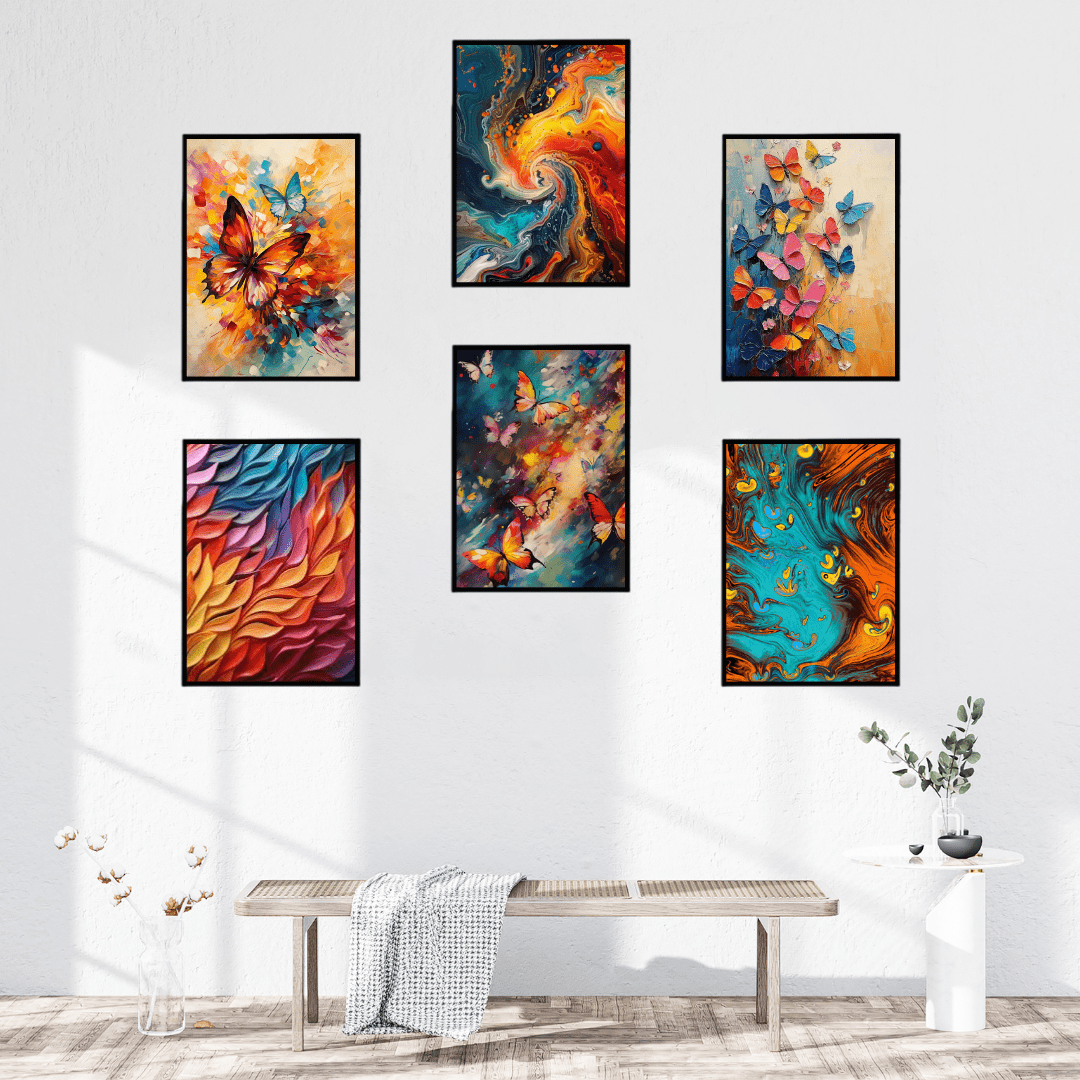 Set of 6 vibrant butterfly abstract wall art canvas prints